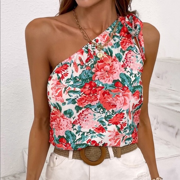 Boho Floral Print One Shoulder Top Blouse - Picture 2 of 15